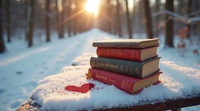 Stack of Books with Red Heart in Snowy Forest