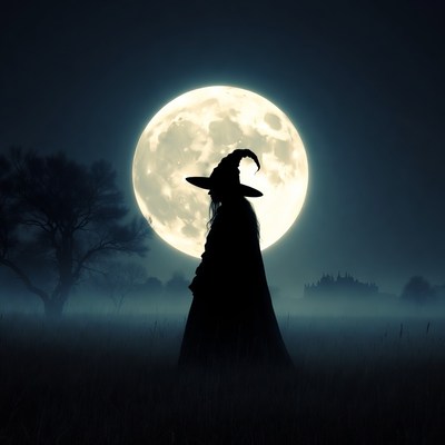 Silhouette witch under full moon