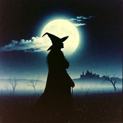 Silhouette witch under full moon