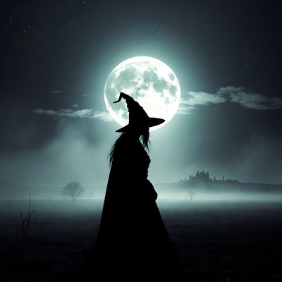 Silhouette witch under full moon