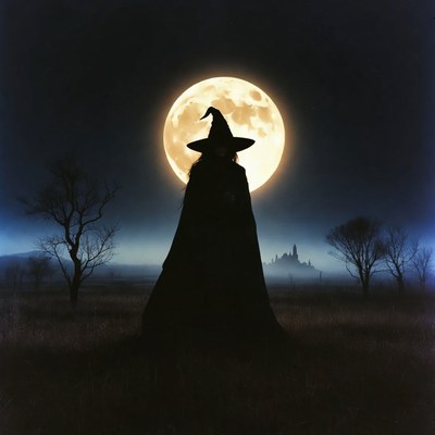 Silhouette witch under full moon