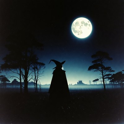 Silhouette witch under full moon