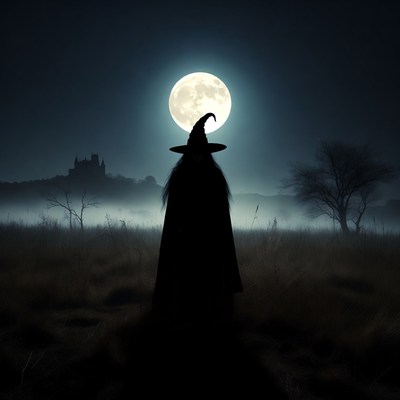 Silhouette witch under full moon