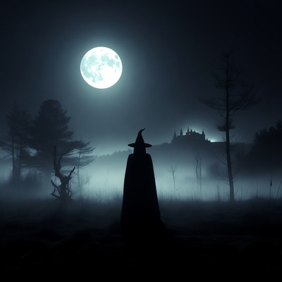 Silhouette witch under full moon