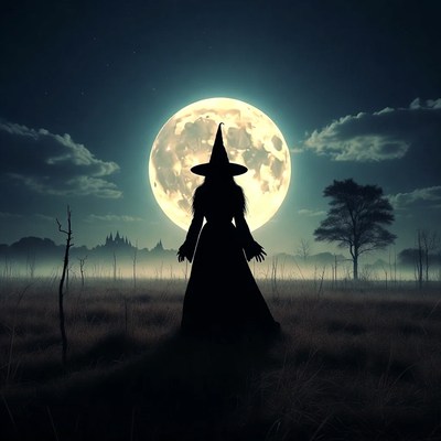 Silhouette Witch Facing Full Moon