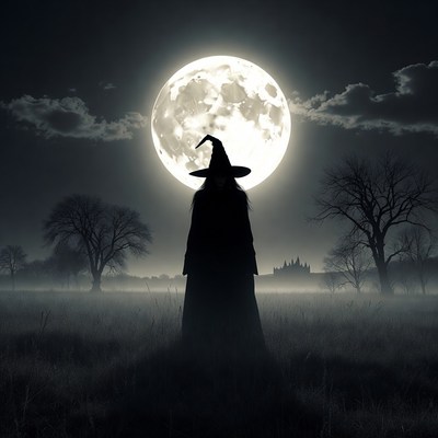 Silhouette witch under full moon