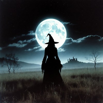 Silhouette witch under full moon