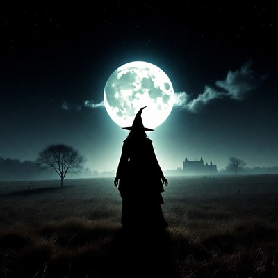 Silhouette witch under full moon