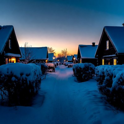 Snowy Cottages Along Winter Path