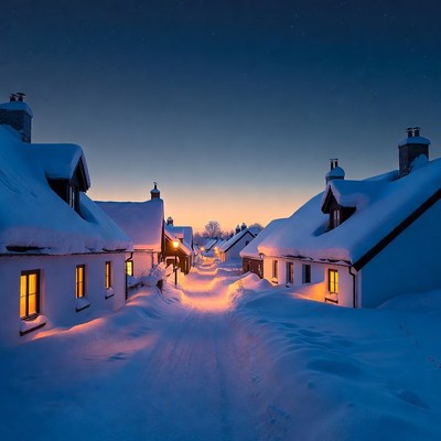 Snowy village street at night