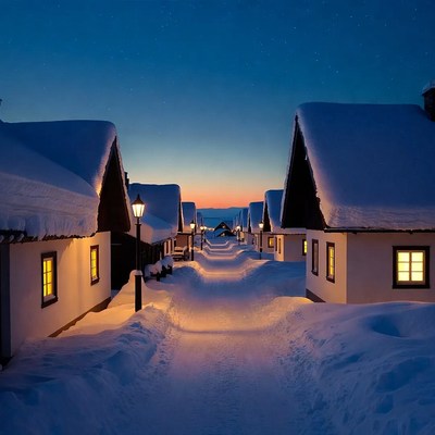 Snowy Village Path at Night