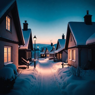 Snowy Village Path at Night