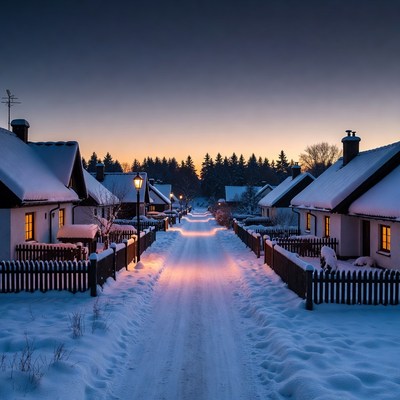 Snowy Village Street at Twilight
