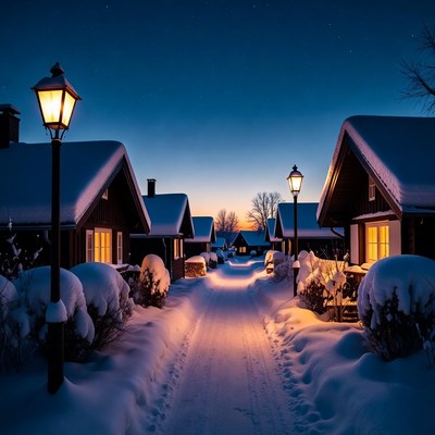 Snowy Cottages Along Lit Path at Night