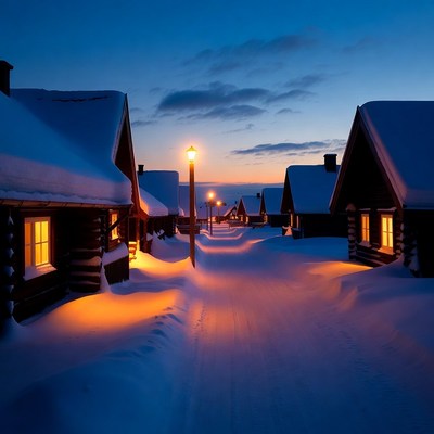 Snowy Log Cabins with Streetlights