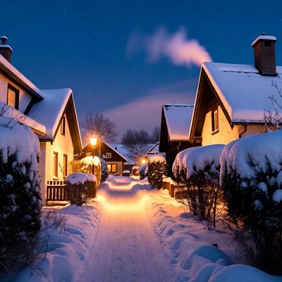 Snowy Village Path at Night