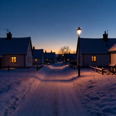 Snowy Village Path at Twilight
