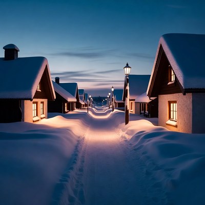Snowy Cottages Lined Along Path at Night
