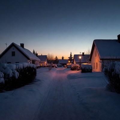 Snowy Village Path at Twilight