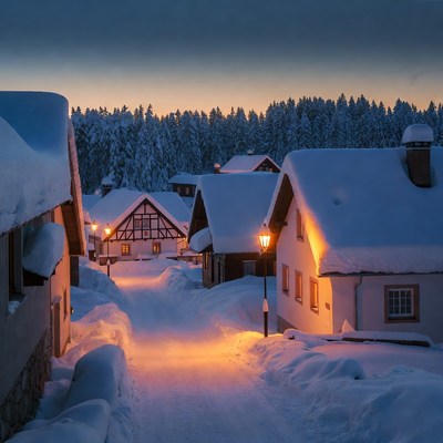 Snowy Bavarian Village at Twilight