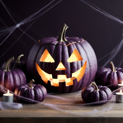 Lit Jack-o-Lantern with Purple Pumpkins
