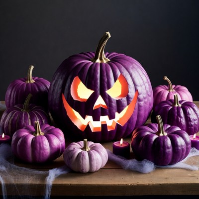 Lit Purple Jack-o-Lantern with Pumpkins