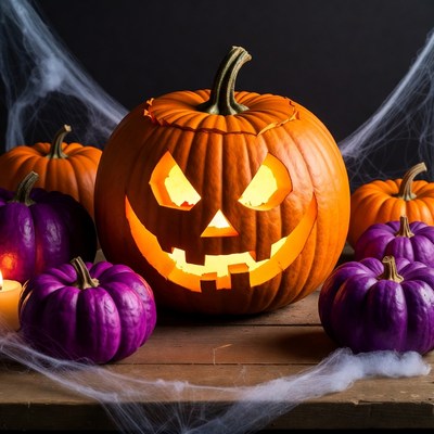 Lit Jack-o-Lantern with Purple Pumpkins