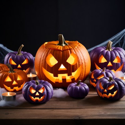 Jack-o'-lanterns on wooden table