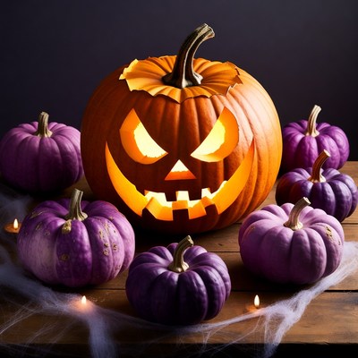 Jack-o'-lantern with Purple Pumpkins