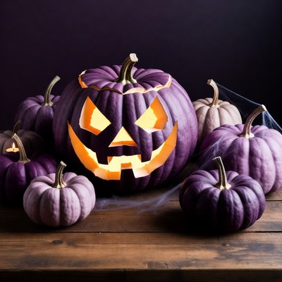 Lit Purple Jack-o-Lantern with Pumpkins