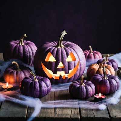 Lit Jack-o'-lantern with Purple Pumpkins