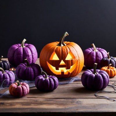 Lit Jack-o-Lantern with Purple Pumpkins