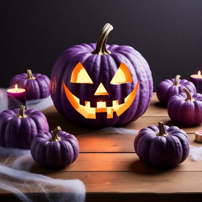 Lit Purple Jack-o-Lantern with Pumpkins