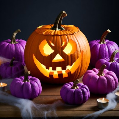 Lit Jack-o-Lantern with Purple Pumpkins