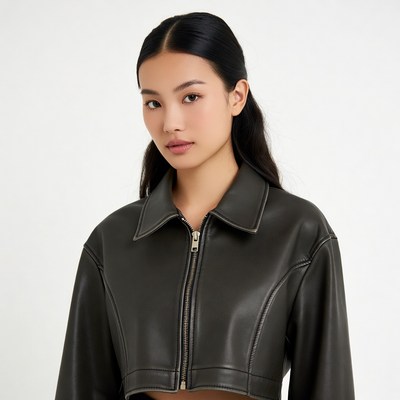 Asian woman in black leather jacket