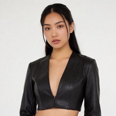Asian woman in black leather crop jacket