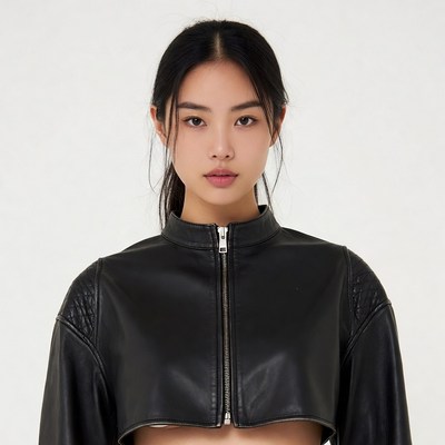 Asian woman in black leather crop jacket