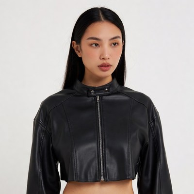 Asian woman in black leather crop jacket
