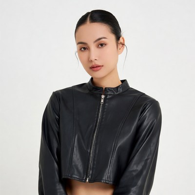 Asian woman in black cropped leather jacket