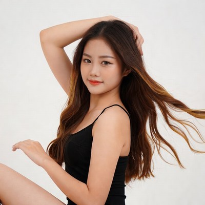 Asian woman posing with flowing hair