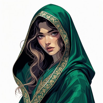 Woman in green hooded cloak