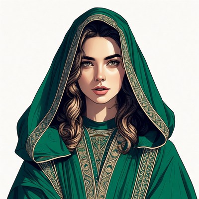 Woman in green hooded robe