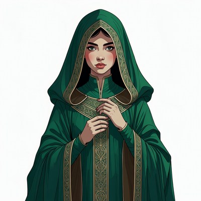 Woman in green hooded robe
