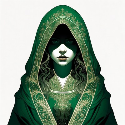 Woman in ornate green hooded cloak