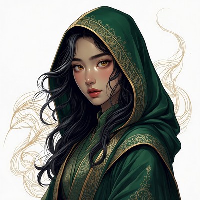 Asian woman in green hooded robe