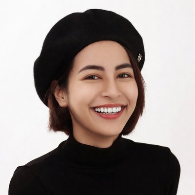 Asian woman smiling in black beret