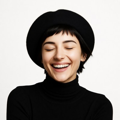 Woman laughing in black beret