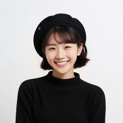Asian woman smiling in black beret