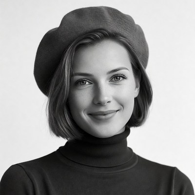 Woman smiling in beret and turtleneck