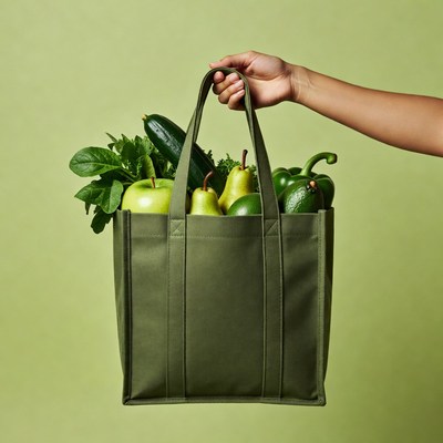Hand holding green bag of vegetables